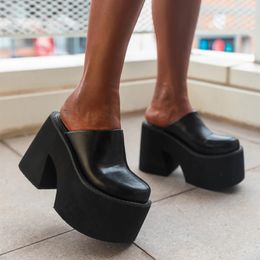 Dress Shoes New Fashion Black Platform Wedge Round Head Pumps Slippers High Heel Woman Sexy Chunky Toe 231013