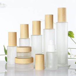 30ml 40ml 60ml 80ml 100ml Frosted Glass Cosmetic Jar Bottle Face Cream Pot Lotion Spray Pump Bottles with Plastic Imitation Bamboo Lids Pvpg