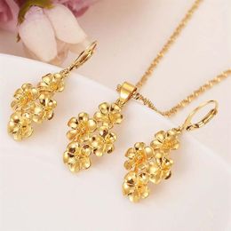 golden flowers assembled beautiful Fine 18k Gold Pendant Chain Earrings Flower set Jewellery Bride Wedding Bijoux giftd302U