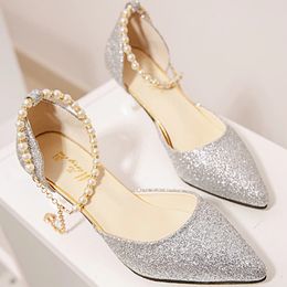 Dress Shoes Classic Sequins High Heels for Women Summer Korean Style Beaded Pointed Sandals Wedding Bride Zapatos De Novia Para Boda 231013
