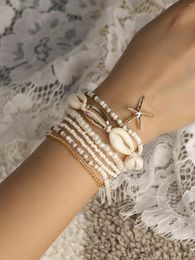 Strand Women's Bohemian Style Glass Rice Beads Natural Shell Alloy Starfish Hanging Bracelet