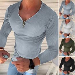 Men's Polos Men Shirt Solid Colour Long Sleeve V Neck Ribbed Stretch Streetwear Spring Autumn Slim Fit Zipper T shirt Top Clothing 2023 231012