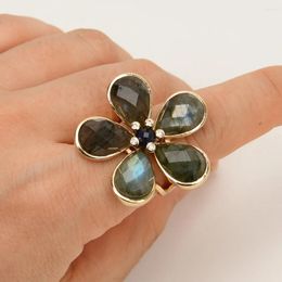 Cluster Rings Natural Labradorite Shimmer Stone Flower Clear CZ Pave Adjustable Handmade Gems Gold Plated Ring