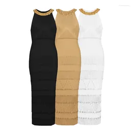 Casual Dresses Three Colours SML High Quality Fashion Elastic Knitted Fabric Neckline Exquisite Beaded Slim Fit Commuter Women's Dress