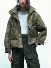 Women's Trench Coats 2023 Winter Plaid Quilted Jacket For Women Loose Thin Parkas Coat With Pockets Vintage Green Ladies Zipper Short Warm