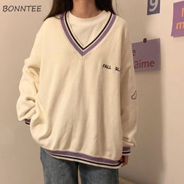 Basic Casual Dresses Sweaters Women Ulzzang Letter Chic Vintage Vneck Daily Preppy Girls Knitwear Fall Casual Allmatch Ins Long Sleeve Clothes Y2k 231013