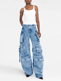 Women's Jeans Multi-pocket Street Wear For Women Washed Do Old Long Style Wide Leg Pants High Waisted Blue Gray Denim Men