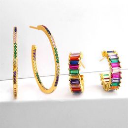 Trendy Rainbow Baguette Cubic Zirconia CZ Hoop Earring Gold Filled Colorful Gorgeous European huggie earrings jewelry ers-q98219g