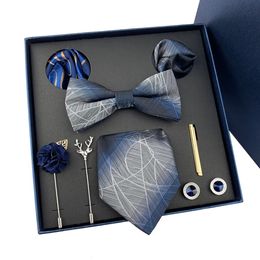 Bow Ties Men's Tie Set Gift Box Fashion Brand Bowtie Pocket Squares Brooch Cufflinks Clip Suit For Men Business Necktie Wedding Party Tie 231012