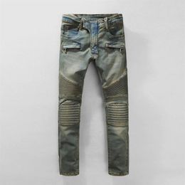 Men Ripped Motorbiker Jeans Fashion Hip Hop Skinny Light Blue West Designer Brand Streetwear Swag Pants2822