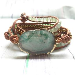 ST0103 Top Quality Women Bracelets Natural Green Aventurine 3 Wrap Leather Bracelet Fancy Handmade Femme Boho Bracelets310M