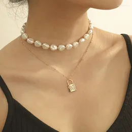 Pendant Necklaces Women Temperament Irregular Imitation Pearl Butterfly Lock Necklace Double Layer Geometric Clavicle Jewelry