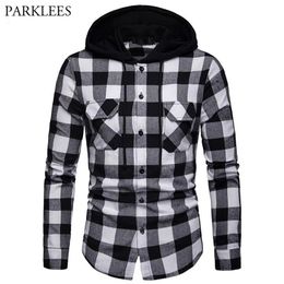 Black White Plaid Hooded Shirt Men Slim Fit Long Sleeve Men Hoodie Shirt Hipster Streetwear Shirts With Double Pockets 210522318F