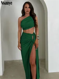Work Dresses Nsauye Women Fashion Dress Set One Shoulder Crop Tops And High Waist Long Skirt Suit Two PIece Party Outfits Winter 2023