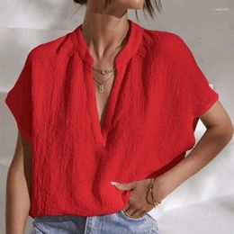 Women's Blouses Simple Fashion Solid Cotton Linen Spring Elegant V Neck Office Lady Shirt Pullovers Summer Short Sleeve Loose Women Tops