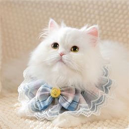 Cat Costumes Pet Blue Cute JK Plaid Lace Scarf Saliva Towel Puppet Cat Middle Neck Accessories Sweet Bow Decoration Summer Clothing 231011