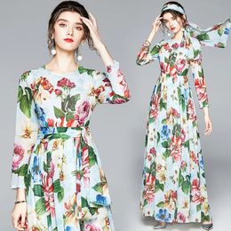 Urban Sexy Dresses Spring Summer Fall Autumn Runway Floral Print Crew Neck Bow Scarf Long Sleeve Women Ladies Party Casual Beach A-Line Maxi Dress 231012