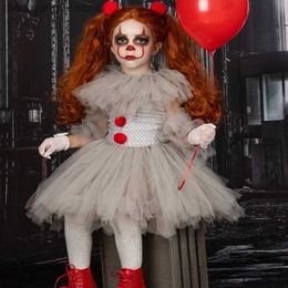 Theme Costume Movie Girls Halloween Come Dress Gray Creepy Clown Kids Carnival Party Cosplay Clothing Children Tulle Fancy Up Gift New Year T231013