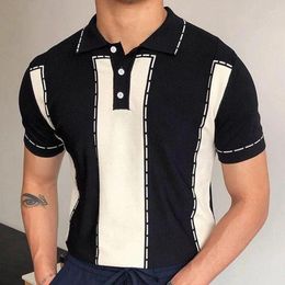 Men's Polos Fashion Streetwear Vintage Patchwork Contrast Color Polo Shirts Men Casual Loose Short Sleeve Lapel Buttoned Pullovers