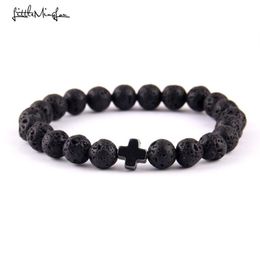 Little MingLou New Trendy jesus cross Charm men bracelets Black Lava Stone 8mm Beads Bracelets & Bangles for women Jewelry3004