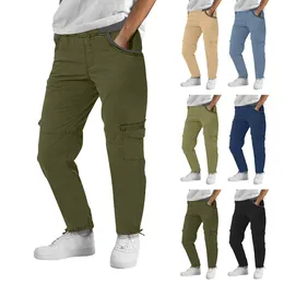 Men's Pants Casual Solid Color Cargo Multi Pocket Drawstring Elastic Waist Trousers Loose Versatile Simple Large Size Long
