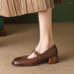 Dress Shoes 2023 Spring Women Pumps Natural Leather 22-24.5cm Cowhide Pigskin Full Square Toe T-buckle Thick Heel Mary Jane