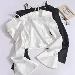 Women's Blouses French Stylish Slash Neck Long Sleeved Strap Silky Shirt For Woman Autumn Sexy Blouse Girls Short Cropped Top