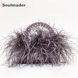 Waist Bags Pearl beaded evening bag Ostrich feather fur designer Clear Acrylic crystal stone box tote handbag women handmade party purse 231012