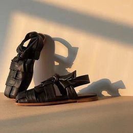 Sandals Women Leather Gladiator Shoes Low Heel Summer Thick Heels Buckle Narrow Band Ladies Footwear 2023 Beige Black