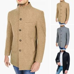 Men's Trench Coats Men Stand Collar Long Sleeve Woollen Coat Single Breasted Pockets Midlength Windbreaker Outwear Korean Style Spring 231012
