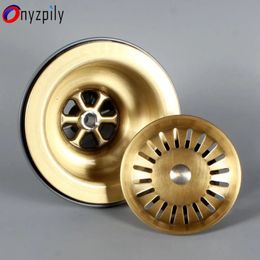 Drains Onyzpily Brushed Brass 3.5" Kitchen Sink Drain Strainer sink With Removable Sink Strainer Basket and Seal Lid 231013