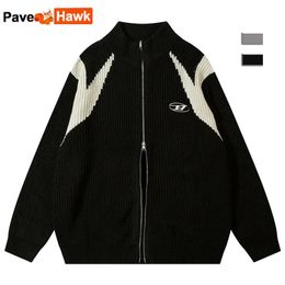 Men's Sweaters Double Zipper Cardigan Sweater Men Women Retro Loose Knitted Jumpers Autumn Streetwear Harajuku Street Color Block Jacket 231012