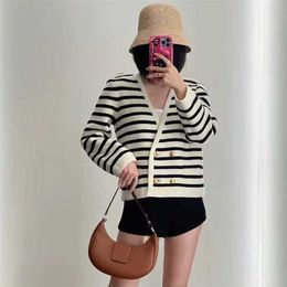 Autumn New Black and White Stripe V-Neck Coat Double Row Metal Buckle Short Knitted Cardigan Sweater Short Coat