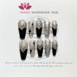 False Nails Black Fake Press On Full Cover Ballerina Korean Handmade Manicuree Heart Decoration Nail Art Wearable Artificial Tips 231013