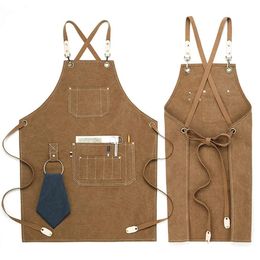 Aprons Kitchen Apron Heavy Duty Canvas Barber Work Aprons Unisex Cross Straps Adjustable Salon Hairdresser Bib PU Leather Apron for Men 231013