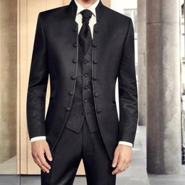 Men's Suits Black Tunic Wedding Tuxedo For Groomsmen With Stand Collar 3 Piece Formal Business Male Smoking Coat Pants