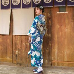 Ethnic Clothing Japanese Yukata Kimono Dress Female Costume Geisha Cosplay Yellow Obi Women Traditional Kimonos FF2205