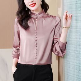 Pink Blouses for Women Designer Lantern Sleeve Vintage Satin Blouse Office Ladies Versatile Solid Silk Tops 2023 Autumn Winter Chic Ruffles Stand Collar Runway Top