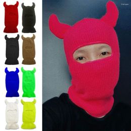 Berets 1 Holes Full Face Hat Fashion Ox Horn Cover Knitted Beanie Hats Windproof Riding Mask Outdoor