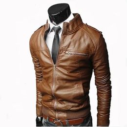 Men's Leather Faux Leather Men Faux Leather Jacket Zippers Men's Stand Collar Coat Spring Autumn Casual Slim PU Jacket Male Moto Biker Coats Outerwear 231012