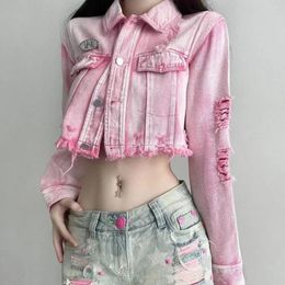 Women's Jackets Fall Ladies Pink Ripped Denim Short Jacket Loose Top