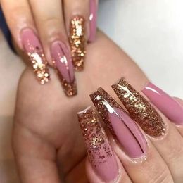 False Nails 24Pcs Long Coffin Gold Glitter Sequins Designs Press On Full Cover Fake Tips Wearable Manicure Art Accessories 231013