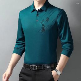 Men's Polos Men Spring And Autumn Fashion Ice Silk Polo Collar Print Button Versatile Casual Loose Sleeve Commuter Style Dad's Shirt