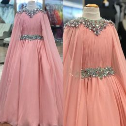 Pink Children's Pageant Dress 2024 with Cape Crystals Rhinestone Long Little Girl Pageant Gown Chiffon Kid Birthday Formal Cocktail Party Dress Fun Fashion Runway