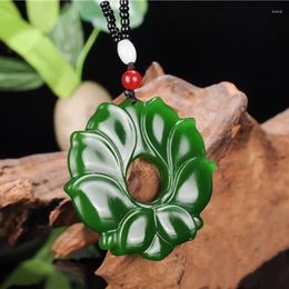 Pendant Necklaces Chinese Green Jade Lotus Flower And Peafowl Jewelry Fine Lucky Safety Charms Necklace