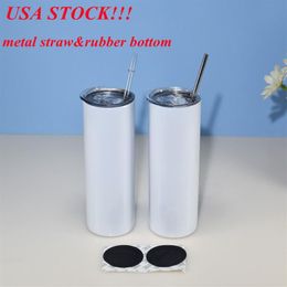 Local warehousesublimation tumbler 20oz straight tumbler with metal straw rubber bottom blank skinny cup stainless steel mug US 155C