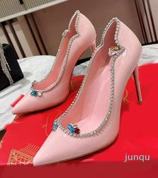 Stiletto dress Shoes for womens fashion designer Crystal chain decoration Coloured lacquer leather Lady pumps Top quality