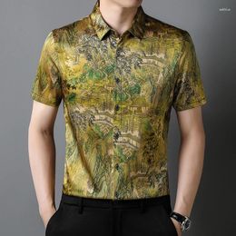 Men's Casual Shirts Vintage Men Shirt Real Silk Short Sleeve Premium 3D Print Summer High Quality Soft Comfortable Designer Camisas De