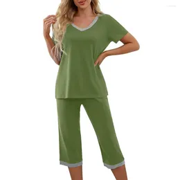 Women's Sleepwear Women Summer Pajamas Stylish 2-piece Pajama Set V Neck Contrast Color Loose Fit Elastic Waist Cropped Pants Nightwear