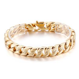 23cm 9 inch 12mm Gold-Plated Chain Bracelet Fashion Stainless Steel Cuban curb Link Chain Bangle Women Mens Jewlery266o